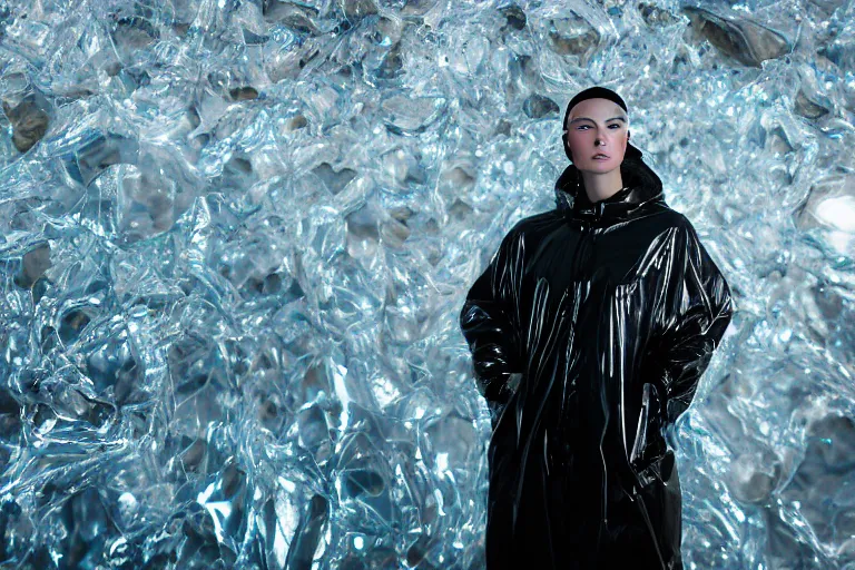 Prompt: an ultra high definition professional high fashion portrait studio full length photograph of a model wearing a transparent pearlescent raincoat and neon visor in an icelandic black rock environment at dawn. no artefacts. extremely detailed. stark. shallow depth of field. volumetric light and shadow. ray tracing. light ray.
