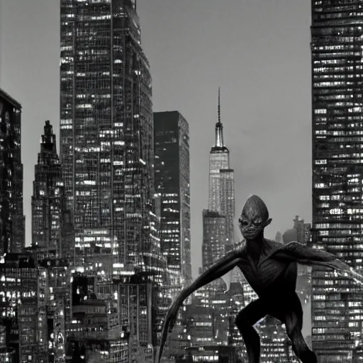 Prompt: gollum taller than the buildings in new york, by peter jackson, photographic still, intense, at night