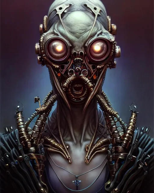 Image similar to front shot of a cyberpunk ugly epic dead biomechanical demon mastermind character, intricate, elegant, highly detailed, centered, (((artstation, concept art, smooth, sharp focus, artgerm, Tomasz Alen Kopera, Peter Mohrbacher, donato giancola, Joseph Christian Leyendecker, WLOP, Boris Vallejo))), mugshot!!!!!, ugly!!!!!!, octane render, nvidia raytracing demo, grainy, muted