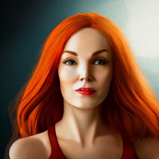 Prompt: Portrait of Jean Grey, a beautiful woman in her 30s, with red hair and green eyes, dressed casually, in the background is an elegant office, background depth, superhero, heroic, realistic, hyper realism, concept art, fine details, dramatic lighting, cinematic,