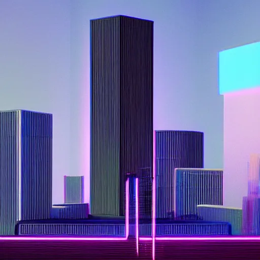 Image similar to defined by dan flavin rendered in rtx. art installation. a cityscape in which tall, imposing buildings loom over a small city park. the scene is suffused with a eerie, light, & the overall effect is one of foreboding & menace.