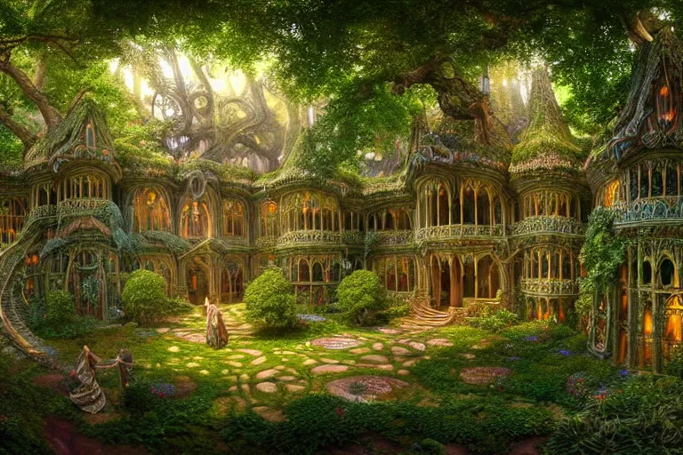 Prompt: a beautiful and highly detailed digital painting of an elven palace in a beautiful garden in a mystical forest, lothlorien, psychedelic patterns, celtic designs, intricate details, epic scale, hyperdetailed, hyperrealism,, artstation, cgsociety, 8 k, sharp focus, by caspar friedrich, albert bierstadt, james gurney, brian froud,