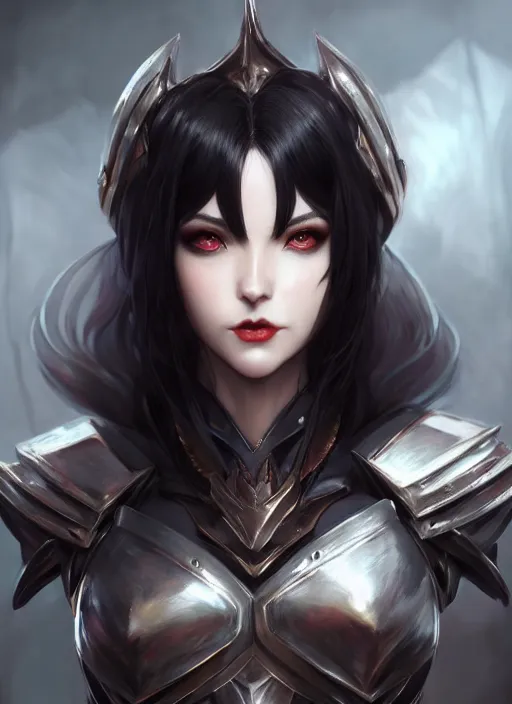 Image similar to full plate armor!!! beautiful and elegant dark hair female vampire!! gorgeous ayes!! character concept art, sharp focus, octane render! unreal engine 5! highly rendered!! trending on artstation!! detailed linework!! illustration by artgerm, wlop, and chie yoshii