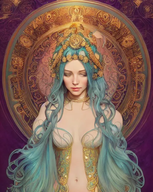 Image similar to a goddess with turquoise hair | highly detailed | very intricate | art nouveau | gold filigree | romantic storybook fantasy | soft cinematic lighting | award - winning | disney concept art watercolor illustration by mandy jurgens and alphonse mucha and alena aenami | pastel color palette | featured on artstation