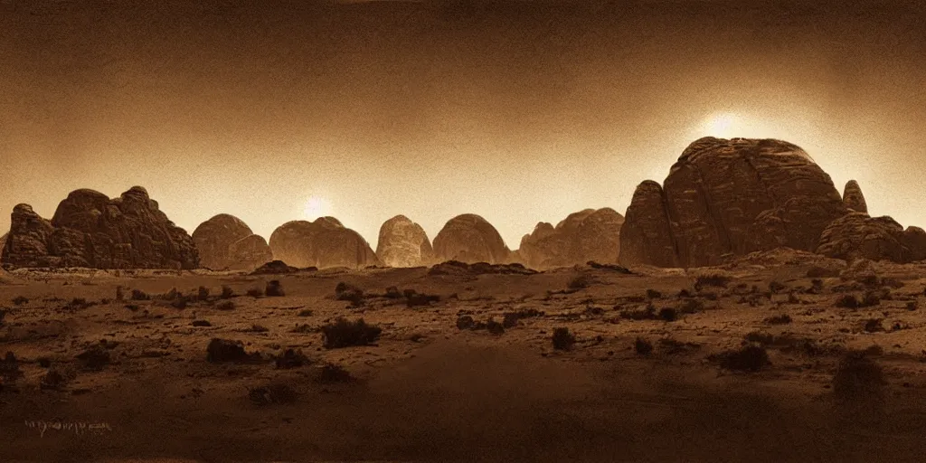 Image similar to a realistic sepia - toned photorealistic painting of wadi rum at night, dark, brooding, atmospheric, lovecraft