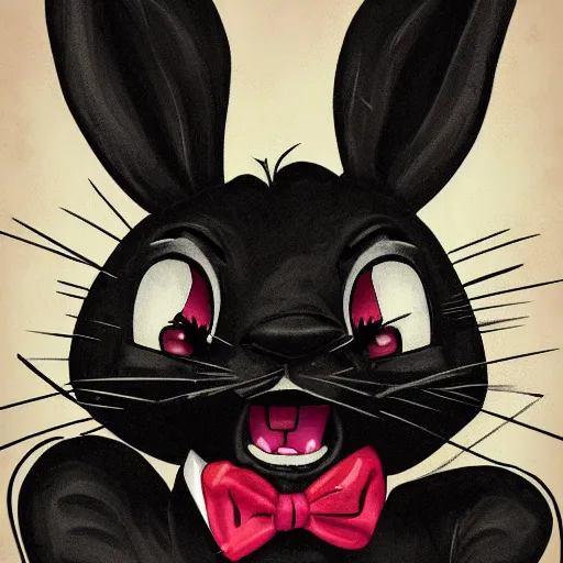 Image similar to A extremely highly detailed majestic hi-res beautiful, highly detailed head and shoulders portrait of a scary terrifying, horrifying, creepy black cartoon rabbit with a bowtie and scary big eyes, earing a shirt laughing, hey buddy, let's be friends, in the style of Walt Disney