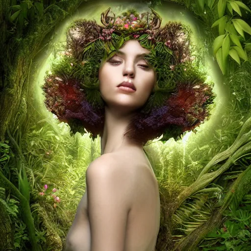 Prompt: “ goddess of nature ” gaia, hair made out of plants, beautiful young face, antlers, fantasy style, in the mystical forest, mushrooms, opal crystals, octane render, cinematic light ”