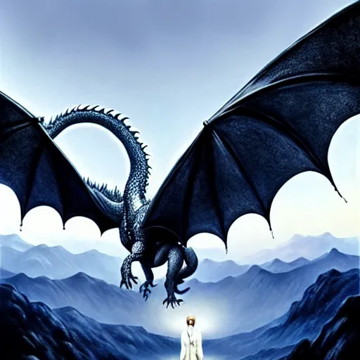 Image similar to giant dragon standing on a mountain, highly detailed, 4 k, hdr, award - winning, painting by gottfried helnwein