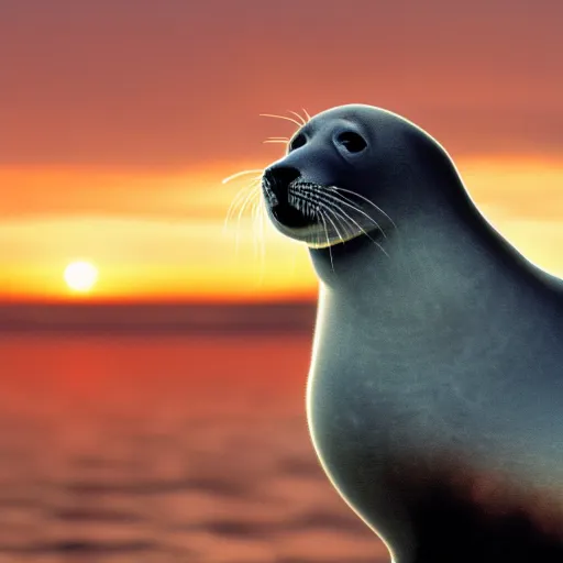 Image similar to arctic seal staring into the eyes of a beautiful man with brown curly hair, high cheek bones, small nose and blue eyes, golden sunset in the background, side profile view, high detail, cinematic, digital art