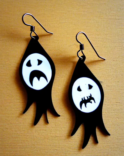 Image similar to spooky cartoon ghost, 2 d lasercut earrings, in the style of tim burton