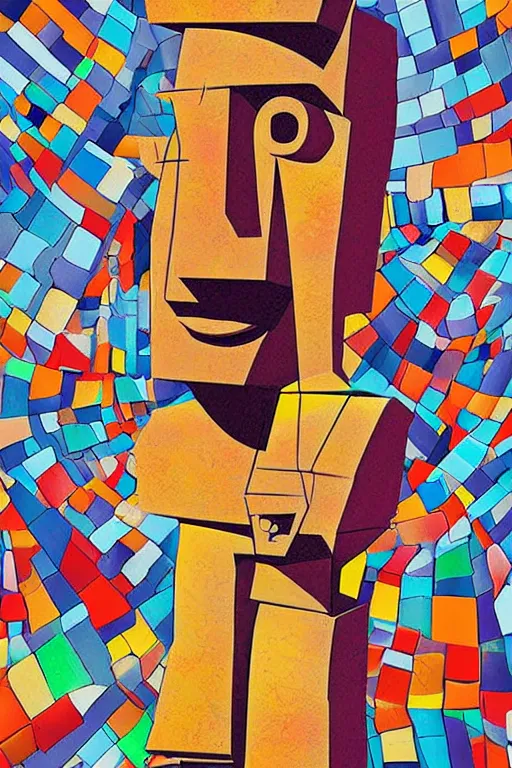 Image similar to cubist moai statue cutout digital illustration cartoon colorful beeple