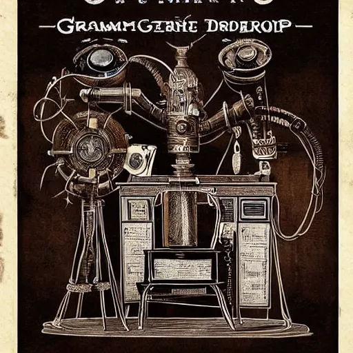 Image similar to “Old steampunk gramophone with antique loudspeakers and lots of wires. Dark, intricate, highly detailed, smooth, 19th century poster in style of Geiger”