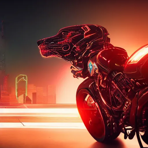 Image similar to portrait of a neon cyberpunk cyborg jaguar animal riding a motorcycle, octane render