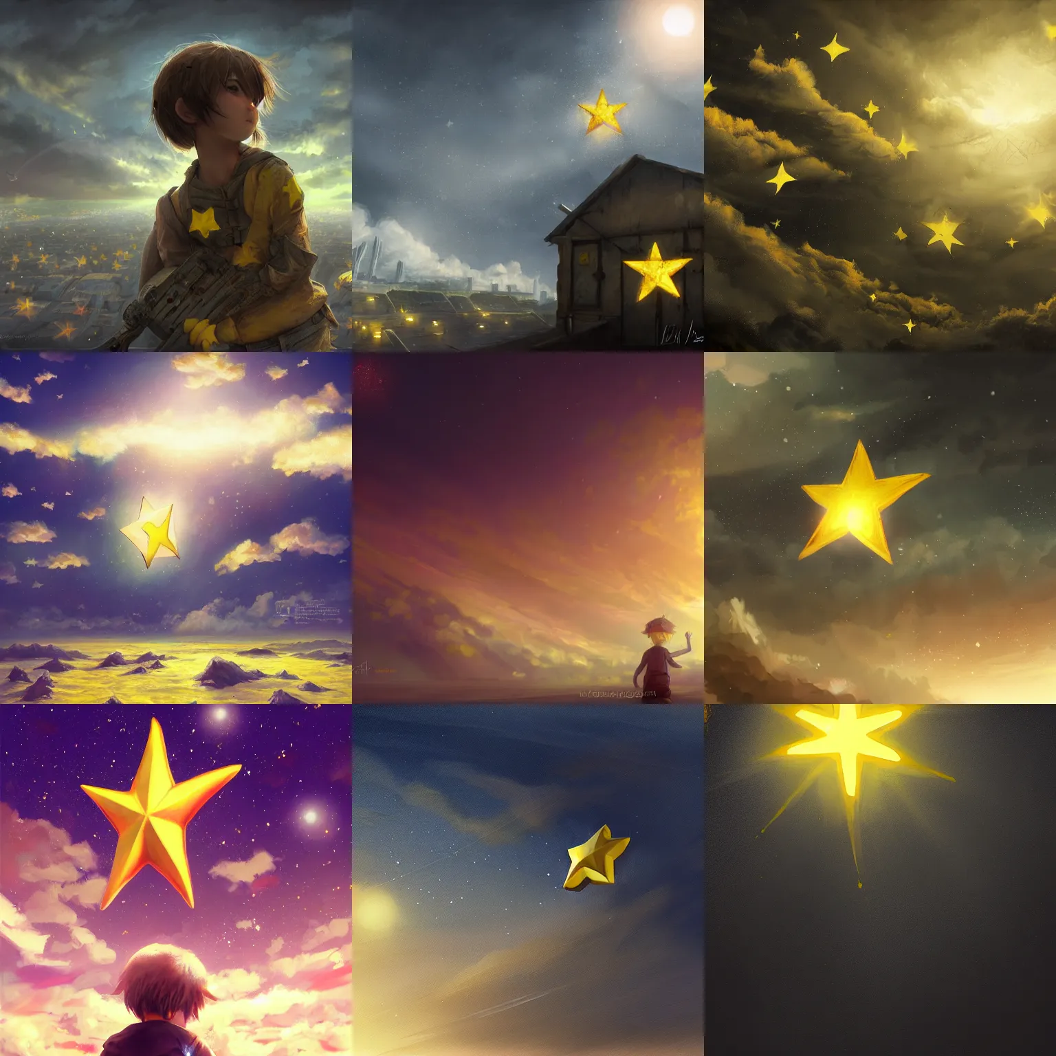 Prompt: a yellow star in the sky, realistic painting, high definition, digital art, matte painting, very detailed, concept art, pixiv, deviantart, artstation, danbooru, illustration, realistic