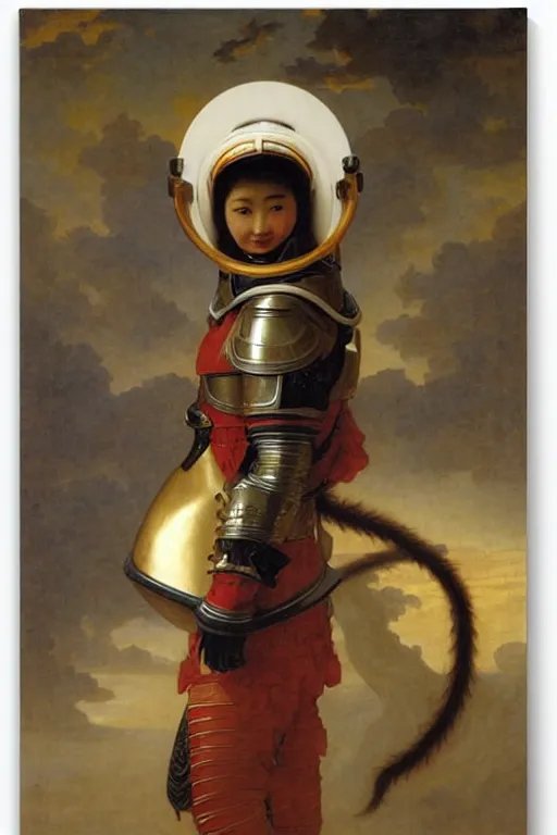 Prompt: portrait of a loong astronaut with chinese dragon armor and helmet, majestic, solemn, by bouguereau