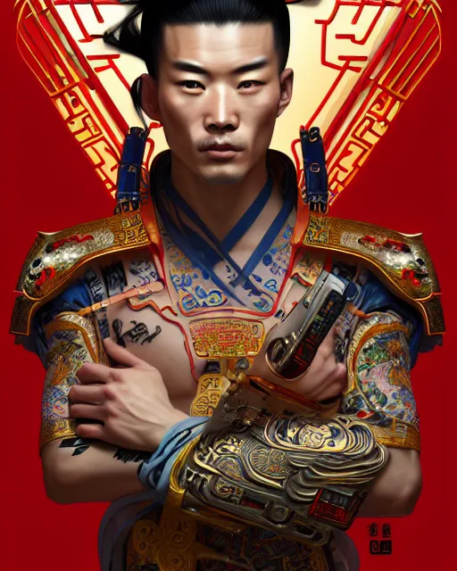 Image similar to portrait of a chinese masculine male cyberpunk machine, machine face, upper half portrait, decorated with chinese opera motifs, muscular, asian, fine china, wuxia, traditional chinese art intricate intense elegant 京 剧 highly detailed digital painting artstation concept art smooth sharp focus illustration, art by artgerm and greg rutkowski alphonse mucha 8 k