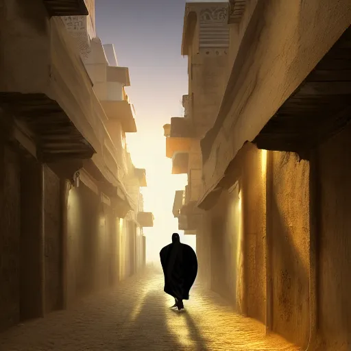 Image similar to old jeddah city alley, roshan, old shops, horse, magical glowing sand gateway to another dimension, a man wearing a white robe standing watching over, dramatic lighting, dawn, by caspar david friedrich by beeple and james gilleard and justin gerard, centered, artstation, smooth, sharp focus, photoreal octane render, 3 d, by jean baptiste monge