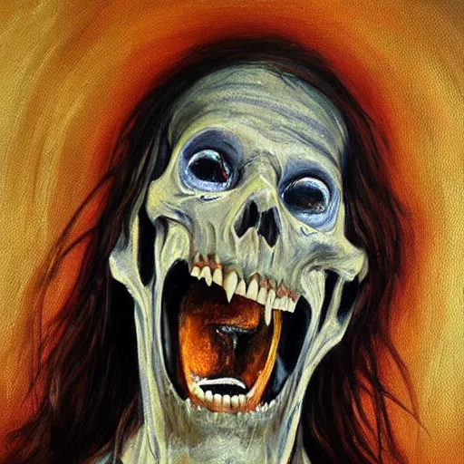 Prompt: death-camp-survivor-super-skinny-emaciated-horribly-skinny-Laughing-Cheerfully-demon painting by Thomas-Montacellinio