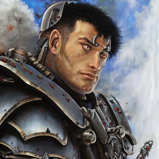 Image similar to Guts from Berserk as a space marine Primarch, warhammer 40k, closeup character portrait art by Donato Giancola, Craig Mullins, digital art, trending on artstation