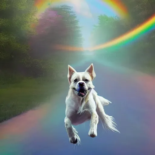 Image similar to a singular beautiful dog running happily towards its owner, ethereal heavenly rainbow bridge in the background behind the dog, tall golden heavenly gates, amazing, stunning artwork, featured on artstation, cgosciety, behance