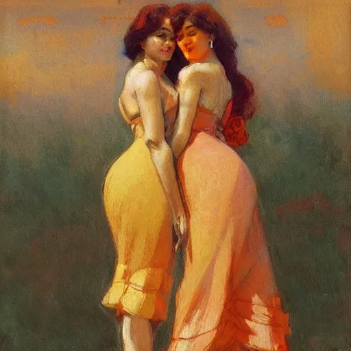 Image similar to two beautiful women in love, leaning in, vertical symmetry, warm colors, vintage shading, by Ilya Repin, artstation