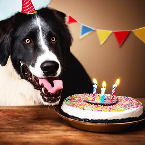Prompt: large dog eating a birthday cake, photorealistic, 3 5 degree shot, movie still