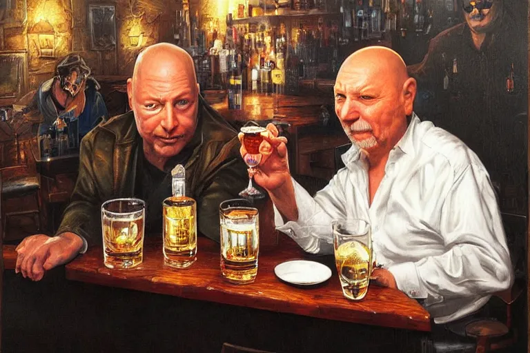 Image similar to portrait of tom atkins and donald pleasents drinking tequila shots, an oil painting by ross tran and thomas kincade