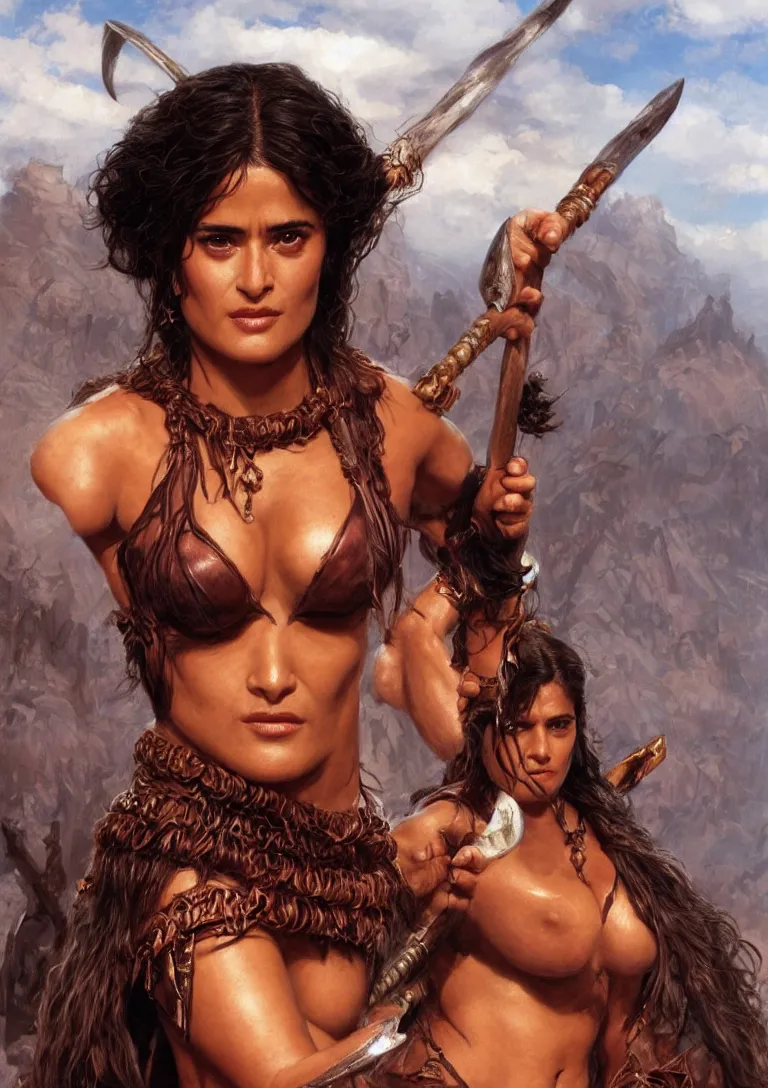 Image similar to young Salma Hayek as a barbarian from conan, detailed, centered, digital painting, artstation, concept art, donato giancola, Joseph Christian Leyendecker, WLOP, Boris Vallejo, Breathtaking, 8k resolution, extremely detailed, beautiful, establishing shot, artistic, hyperrealistic, beautiful face, octane render