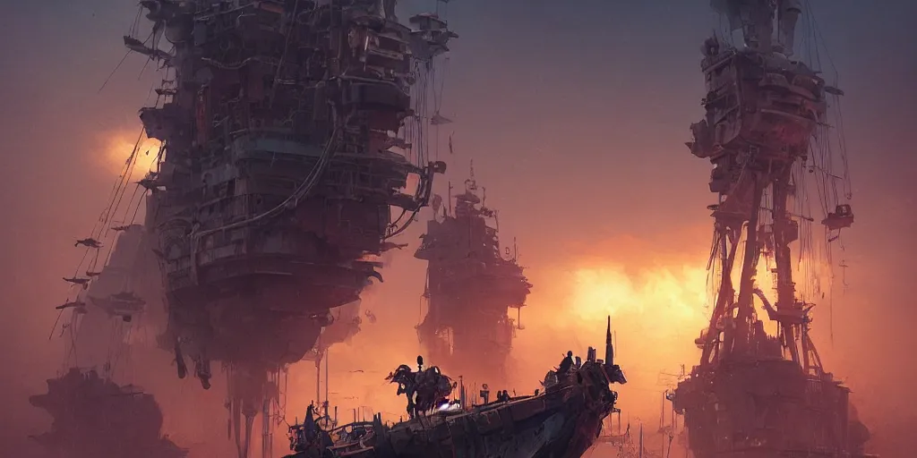 Prompt: a film still from elysium by ian mcque - pirate ship lowered by a crane, medium shot, waist up, bloom, dramatic lighting, behance, game environment design, artstation, deviant art,