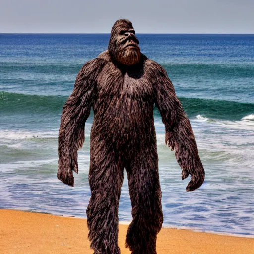 Image similar to photo of a Bigfoot at the beach in Tel Aviv, 50mm, beautiful photo