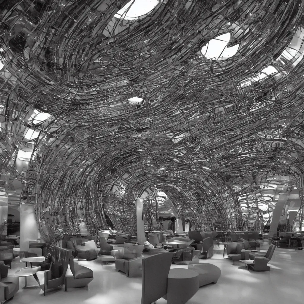 Prompt: an airport lounge designed by hr giger ( style : 3 5 mm lens camera )