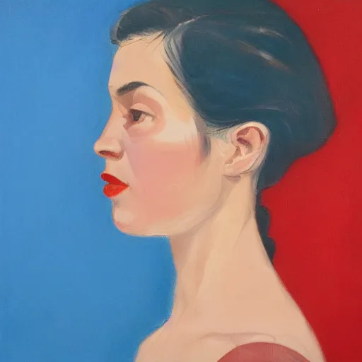 Prompt: profile portrait in peruvian realist style of young woman ( 1 9 5 4 ), cerulean blue, cadmium red, zinc white, overhead lighting, detailed, expressive, shadows