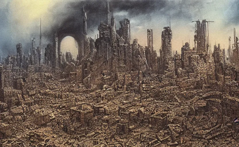 Image similar to A detailed painting of a devastated city whatched by a big skull madr in thr style of Beksinski