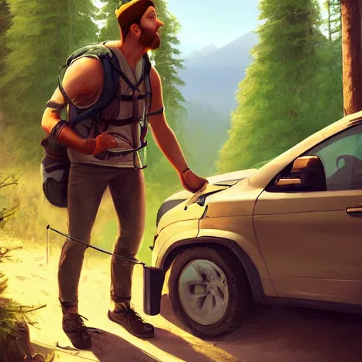 Image similar to etienne hebinger ilustration hiker unloading the car before camping, characterized by roman shipunov, cgsociety, cynical realism, fantasy art, 2 d game art