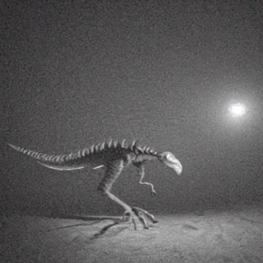 Prompt: a scary velociraptor caught on trailcam nightvision footage camera