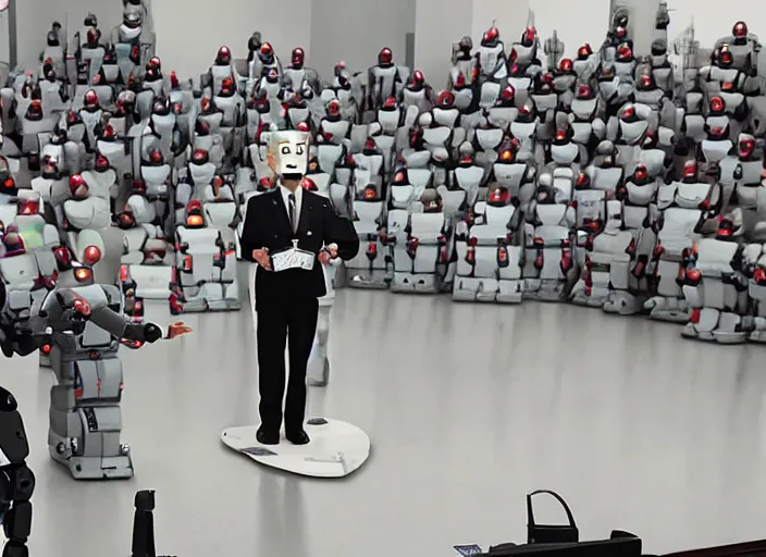Image similar to dystopian humanoid robot dictator giving a propaganda speech to human like large flags with robot heads on them