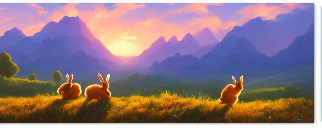 Image similar to bunnies hopping around in a beautiful nature landscape with clouds, mountains, in background, sunset, by rhads