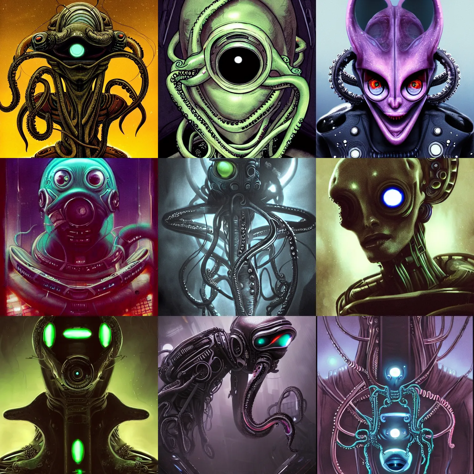 Prompt: 3 eyed alien creature with tentacles, cyberpunk, dystopian, robotic, blade runner