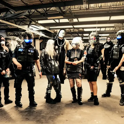 Image similar to cyberpunk ravers defending a warehouse from police robots at night