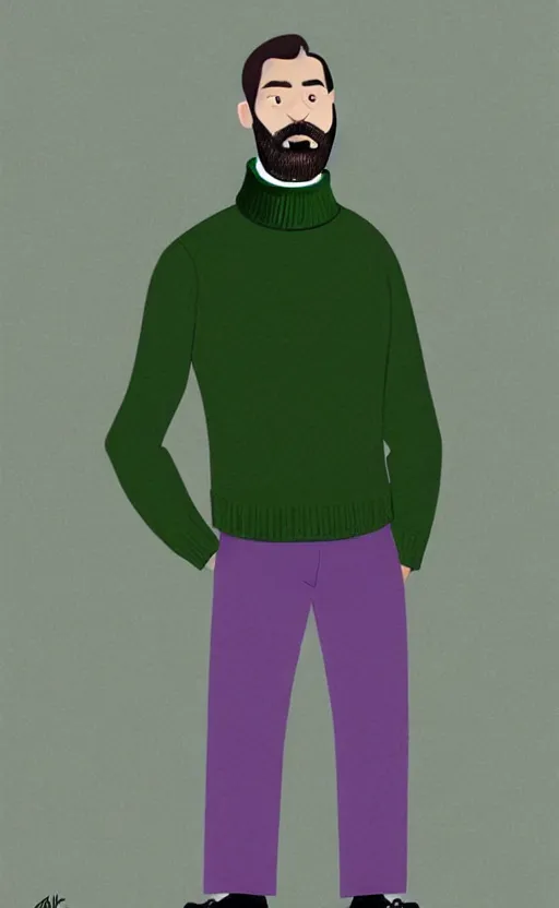 Prompt: a young man with a chin - style dark brown beard without mustache in a black cap, green turtleneck, purple pants and super white sneakers in full height, perfect smooth face, concept art