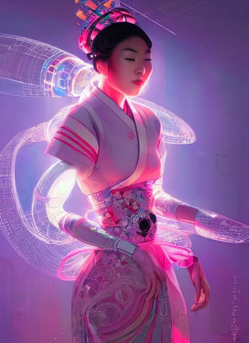 Image similar to portrait of female japanese android wearing a vr headgear and in an elaborate kimono dress, hologram hovering around her, intricate detail, cyber neon lighting, highly detailed, beautiful wide angle photography, artstation, glamor pose, concept art, art by peter mohrbacher, pinterest, artstation,