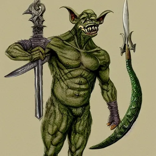 Image similar to dog - faced muscular goblin, ugly face, lizard tail, holding scimitar made of bone, scimitar, sword, jagged sword, curved sword, orkish sword, colorized, green skin, hyper - detailed, primeval fantasy, prehistoric fantasy, drawn by frank frazetta