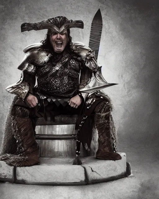 Image similar to donald trump as king conan, directed by john millius, photorealistic, sitting on a metal throne, wearing ancient cimmerian armor, a battle axe to his side, he has a beard and graying hair, cinematic photoshoot in the style of annie leibovitz, studio lighting