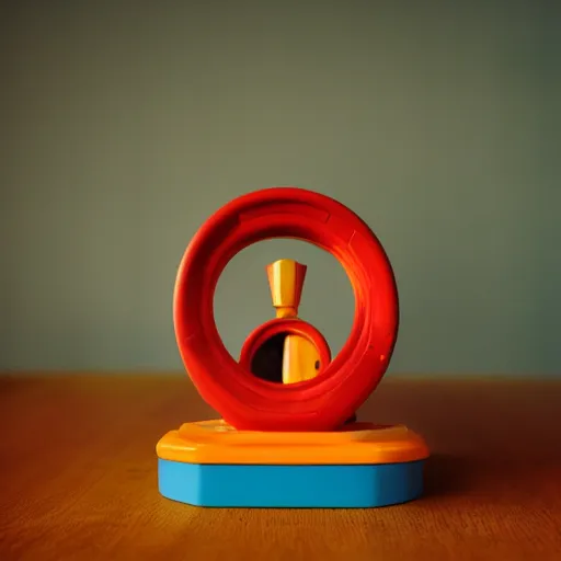 Prompt: vintage analog product photography of my first guillotine by fisher price, plastic, children's toy, 70s colors, studio lighting, film grain, lensflare, color bleed, glare