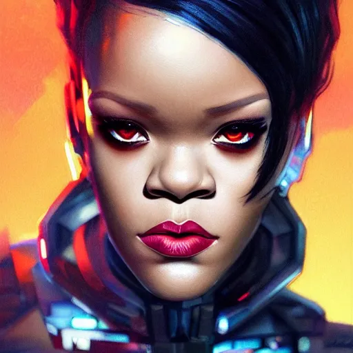 Image similar to cyborg Rihanna profile picture by Greg Rutkowski, dynamic pose, intricate details, futuristic, volumetric lights, streetwear, studio ghibli, Organic Painting , Matte Painting, geometric shapes, hard edges, trending on the artstation, fantasy LUT, realistic by Sachin Teng + Martin Grip + Moebius + Patrick Gleason, smooth, sharp focus, techwear, Industrial Scifi, detailed illustration, character portrait, highly detailed, digital painting, artstation, concept art, soft light, hdri, smooth, sharp focus, illustration, art by tian zi and craig mullins and WLOP and alphonse much,