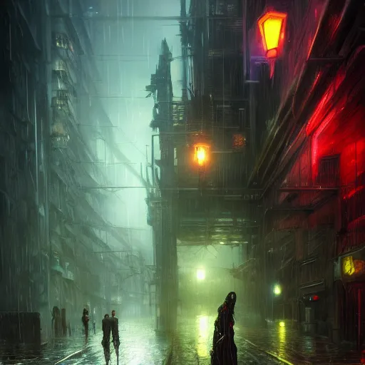 Image similar to Rain at night in a cyberpunk city, fantasy, medieval, vivid colrs, elegant, concept art, sharp focus, digital art, Hyper-realistic, 4K, Unreal Engine, Highly Detailed, HD, Dramatic Lighting by Brom, trending on Artstation