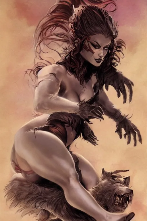 Image similar to a portrait of a werewolf girl transforming fantasy girl by Frank Frazetta and ross tran