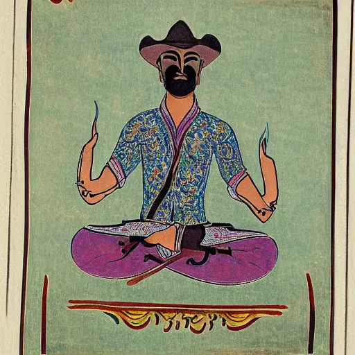 Image similar to cowboy sitting in lotus position, persian folkore artstyle, calligraphy border