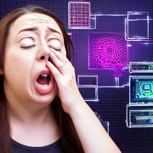 Prompt: A woman yells at her computer out of fear due to his anxiety about the current development of AI-generated graphics and the possibility of imminent job loss.