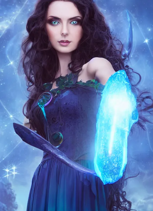 Prompt: a beautiful witch with long curly dark hair, large blue eyes and holding a wand with a very large magical gemstone at the top radiating energy, detailed matte painting, studio lighting, octane render, by anne stokes